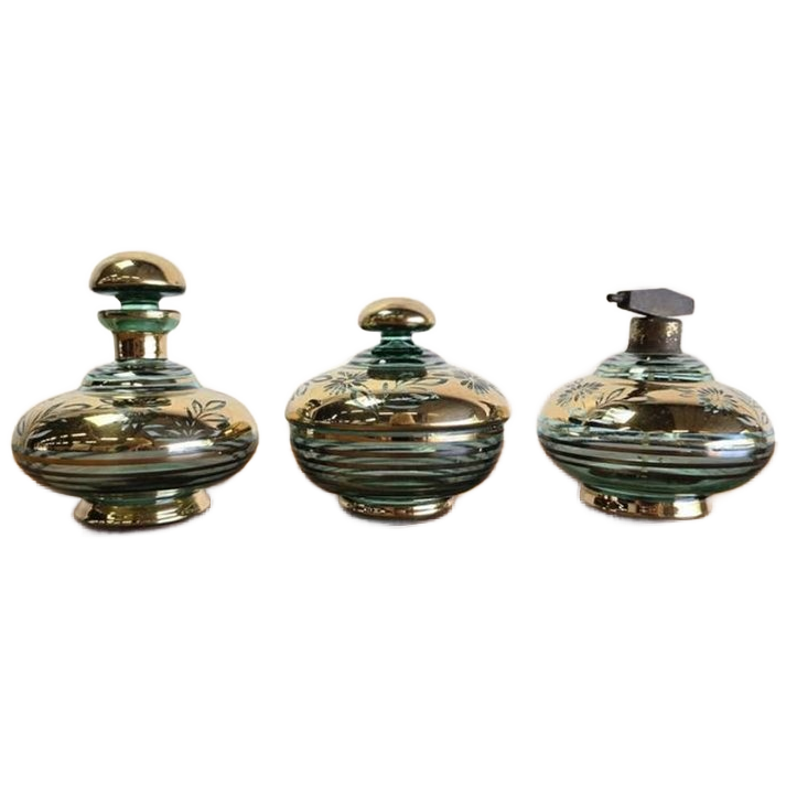 Set Van 3 Vintage Glazen Potjes / Parfumset / Toiletset image 1