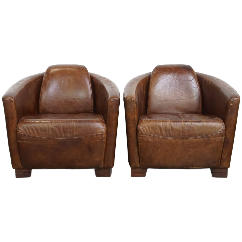 Set Van 2 Unieke En Comfortabele Bruine Rundleren Aviator Design Fauteuils/ Armchairs image 1