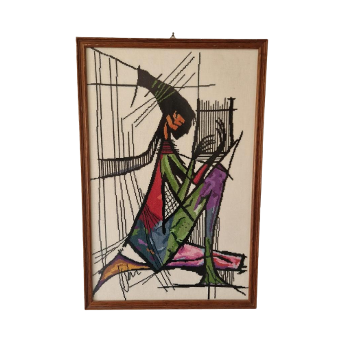 Vintage Schilderij Geborduurd Harpspeelster Retro Lijst image 1