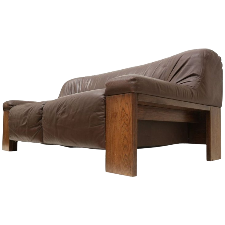 Brutalist 2-zits Leren Bank – Bruin Leer Met Wengé Houten Frame image 1