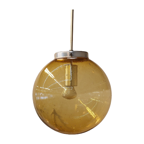 Vintage Hanglamp Messing Goudgeel Bol Glas image 1