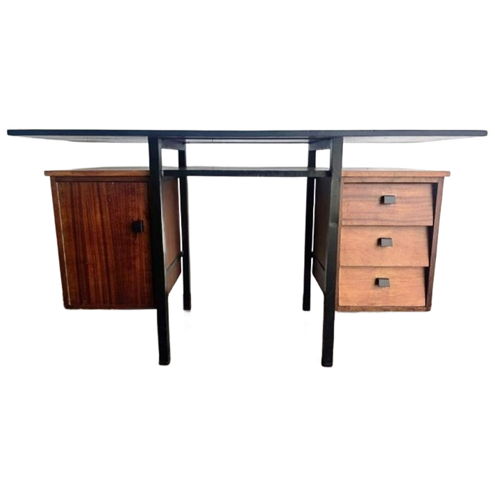 Vintage Houten Bureau Met Zwevend Blad En Zwart Frame image 1