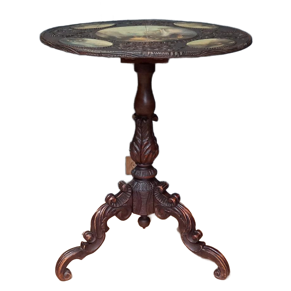 Antieke Tilttop Tafel 19e Eeuw Met 5 Schilderingen image 1
