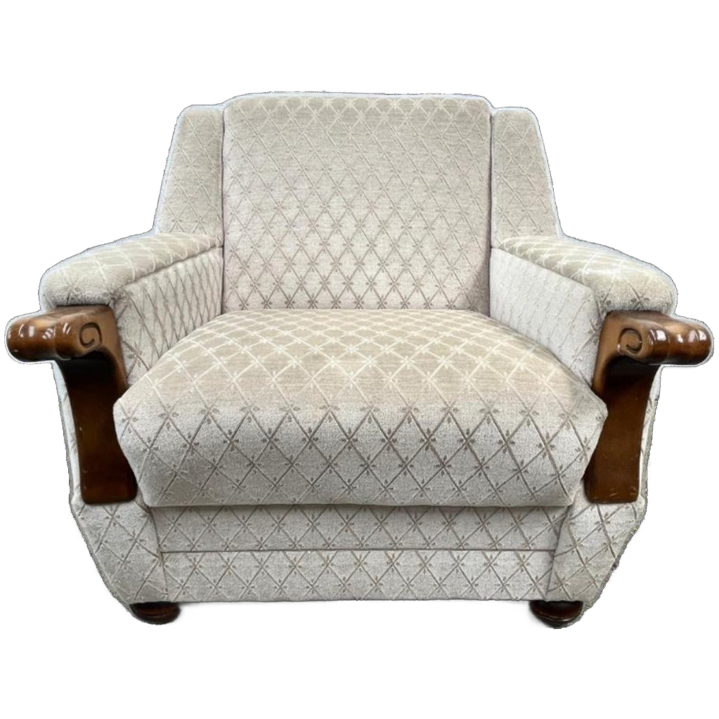 Vintage Fauteuil Met Houten Details, Velour - Ruitjespatroon image 1