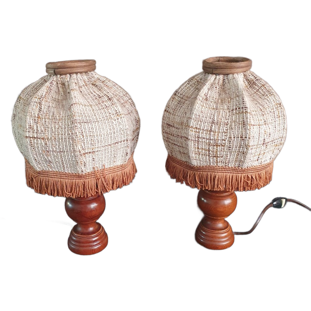 Vintage - Schemerlamp - Bedlamp - Kastlamp - Hout/stof- 2 Stuks image 1