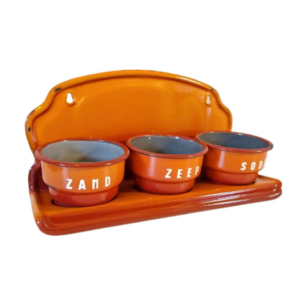 Oranje Zand Zeep Soda Rekje Antiek Emaille Wandrek image 1