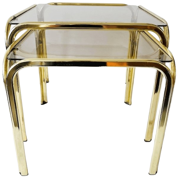 Vintage Messing Bijzettafels Set Rookglas Hollywood Regency image 1