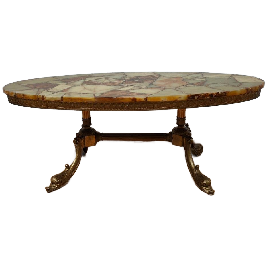 Vintage Ovale Messing Salontafel Koffietafel Met Marmer Blad image 1