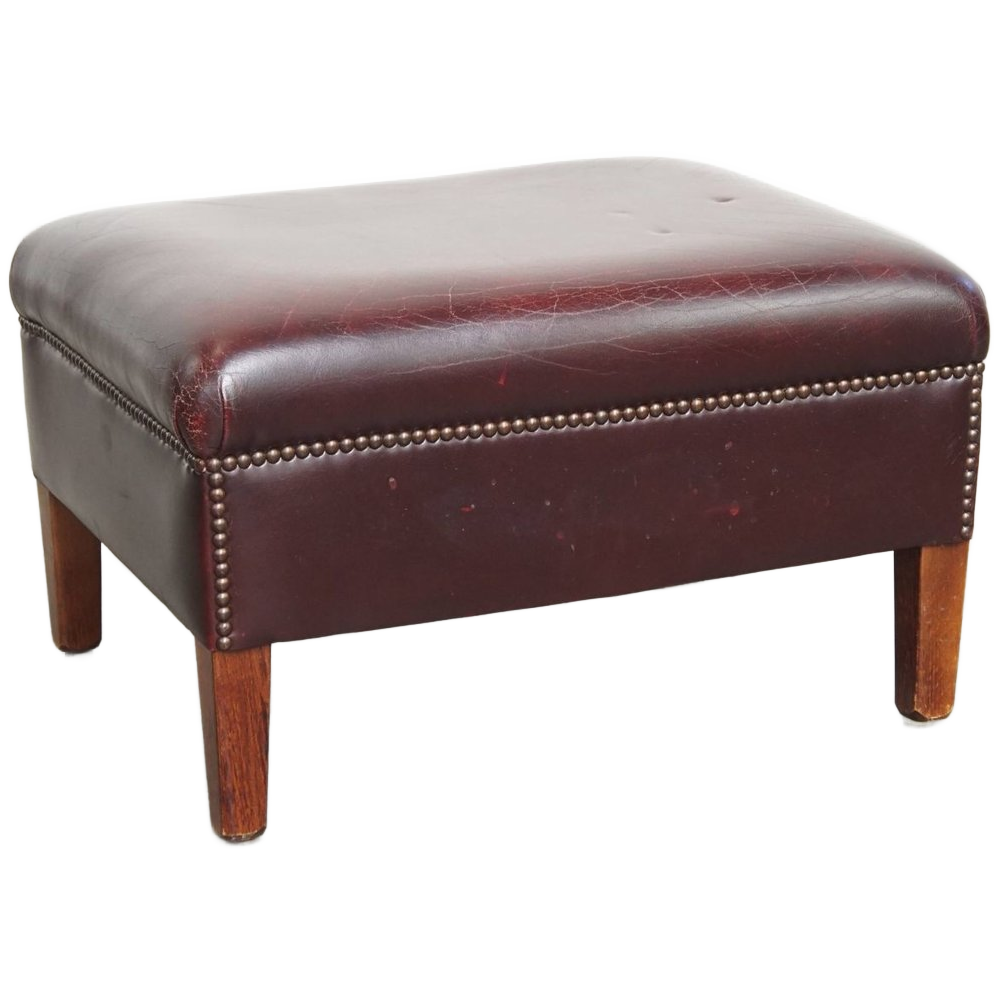 Bordeauxrode Rundleren Hocker/ Voetenbank In Engelse Stijl image 1