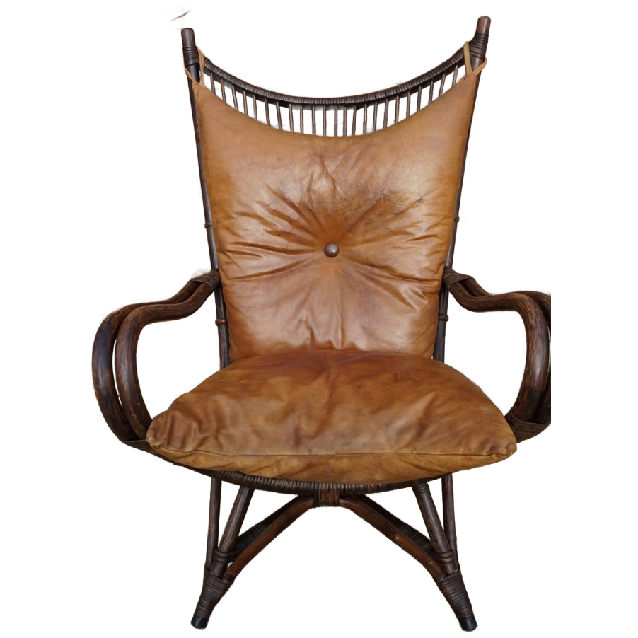 Vintage Rotan/bamboe Fan Back Lounge Chair Met Leren Kussens, Jaren 60, Toegeschreven Aan Rohé No image 1