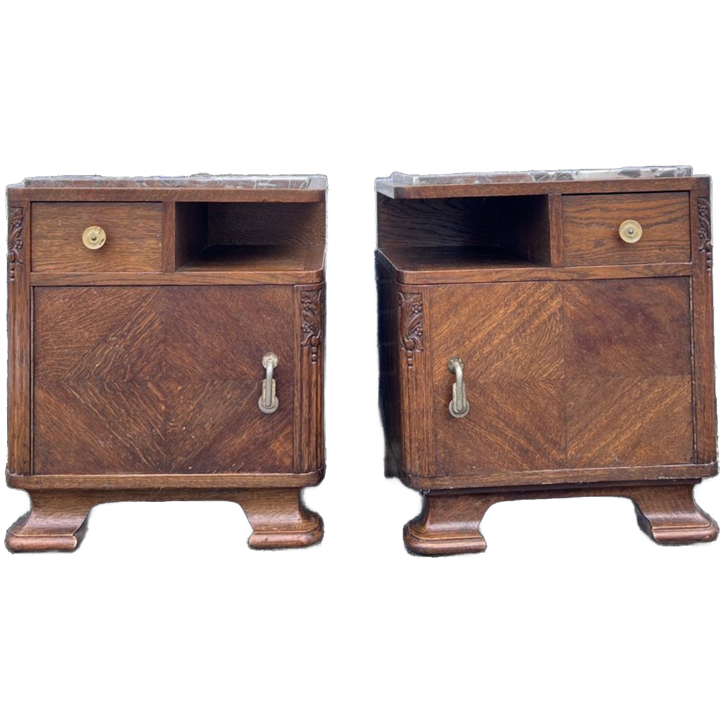 Art Deco Set Nachtkastjes Met Rood / Grijs Geaderd Marmer Blad, 55 Cm Hoog image 1