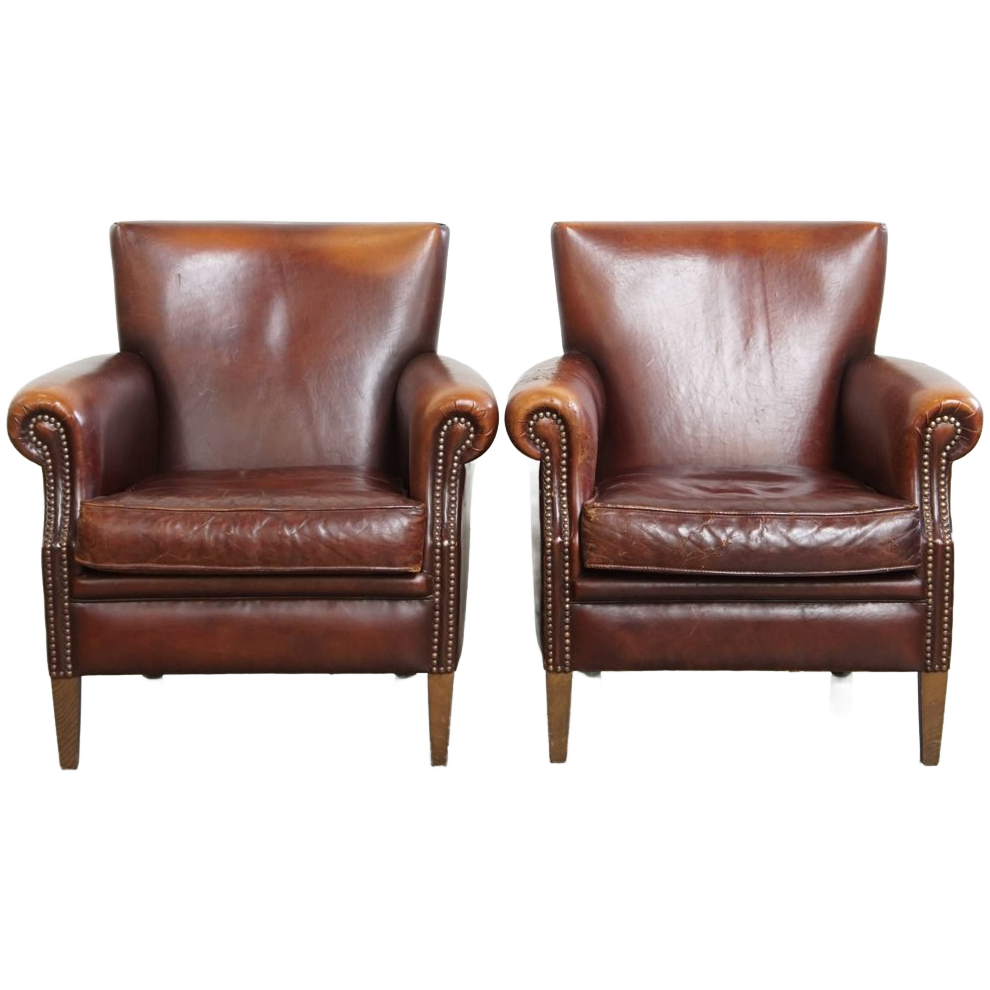 Karaktervolle Set Van 2 Vintage Schapenleren Armchairs Met Warme Kleuren En Een Mooi Patina image 1