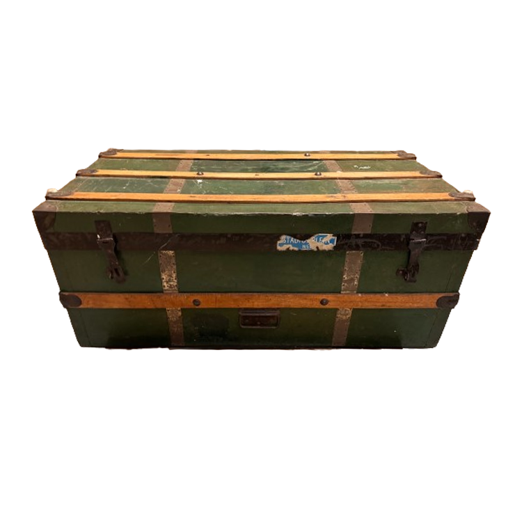 Hutkoffer, Kist, Groen Met Houten Latjes image 1