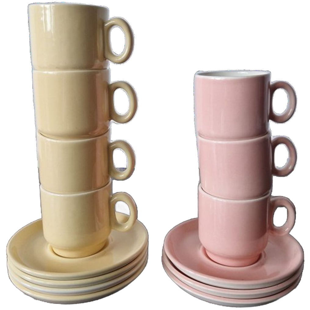 Boch Vintage Koffiekopjes Met Schotels – Roze & Geel (set Van 7) image 1