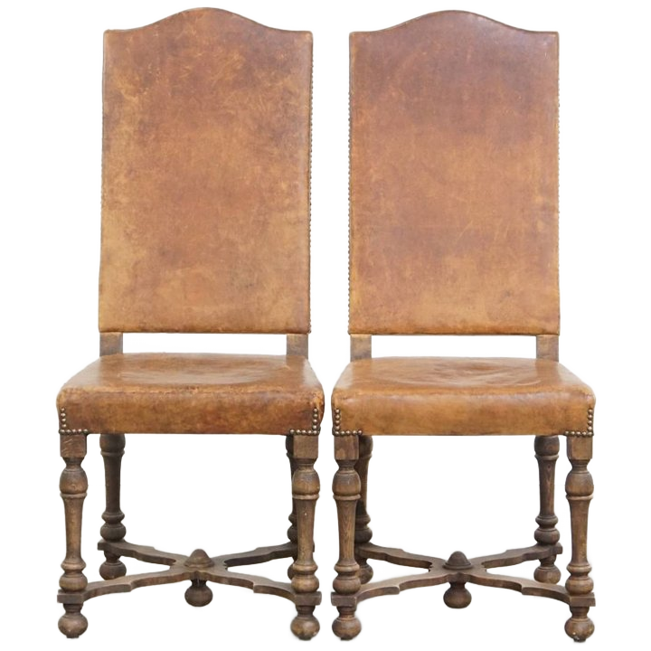 Set Van 2 Antieke Houten En Schapenleren Eetkamerstoelen Met Een Mooi Patina Uit Begin 1900 image 1