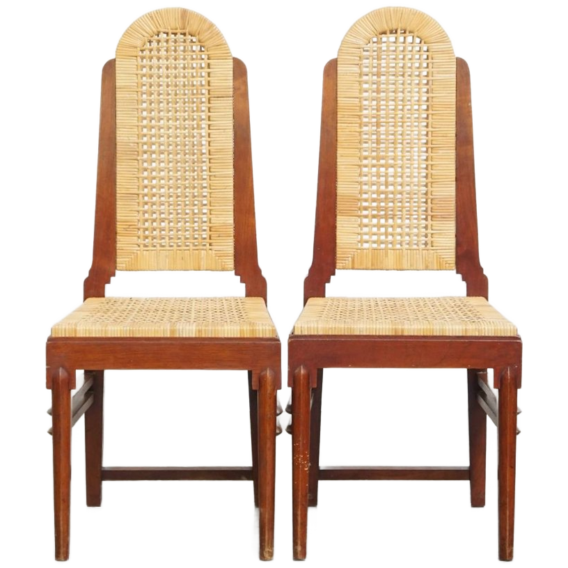 Leuke Set Van 2 Houten Art Deco Design Eetkamerstoelen Met Een Rieten Zitting En Rugleuning image 1