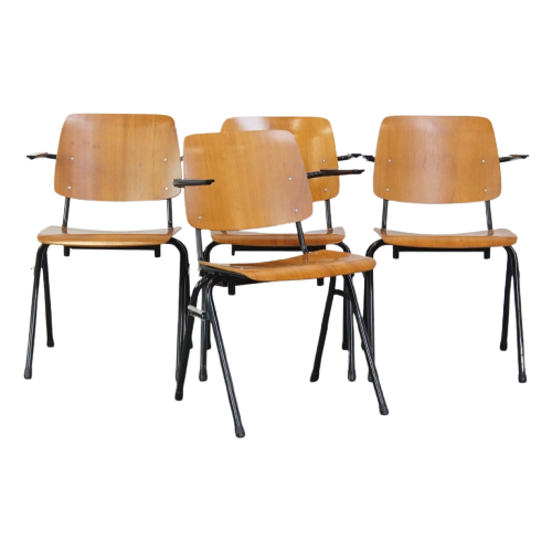 Set Van 4 Karaktervolle Vintage Jaren ’60 Dutch Design Marko School/Eetkamerstoelen Met Armleuningen image 1