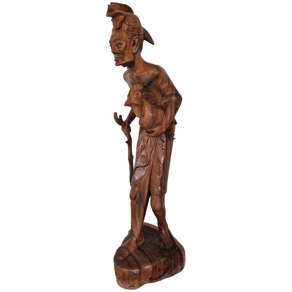 Groot Balinees Beeld Man Met Haan Bali Hout 105 Cm image 1