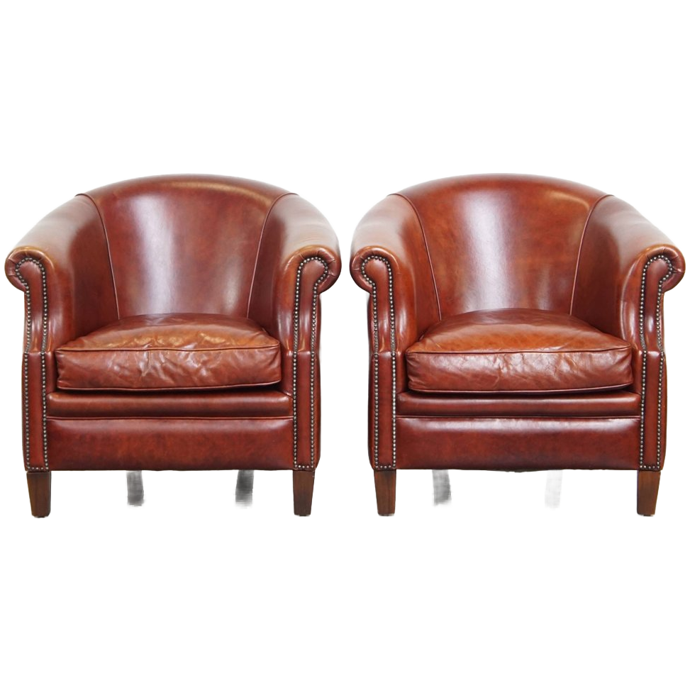 Set Van 2 Mooie Cognac-Kleurige Rundleren Clubfauteuils Correct Afgewerkt Met Siernagels image 1