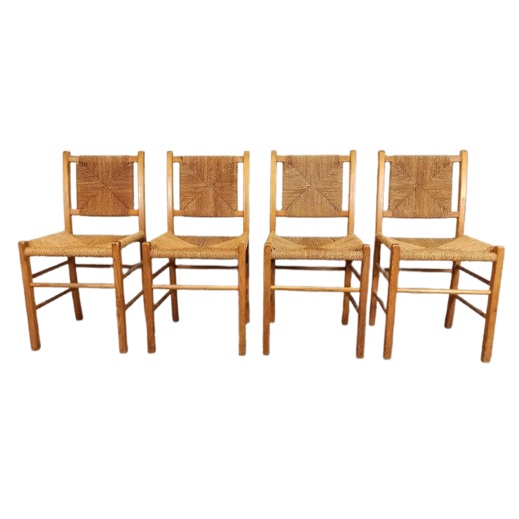 Set Van 4 Vintage Hout En Riet Eetkamerstoelen image 1