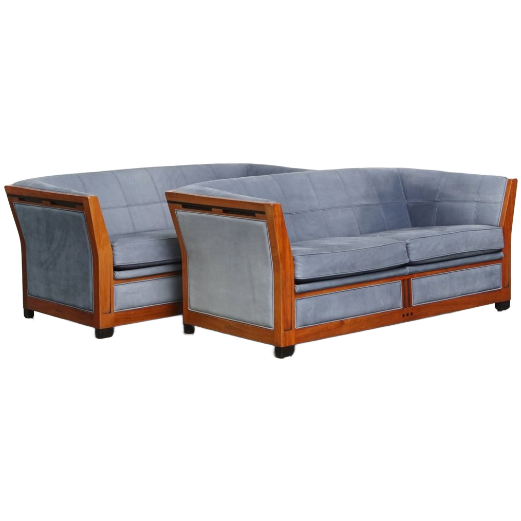 Geweldige Set Van 2 Schuitema Art Deco Design Banken Met Mooie Blauwe Nubuck Lederen Bekleding image 1