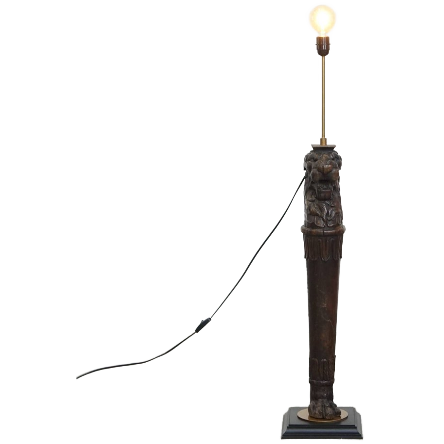 Prachtige Handgesneden Antieke Houten Staande Lamp Met Leeuwenkop image 1