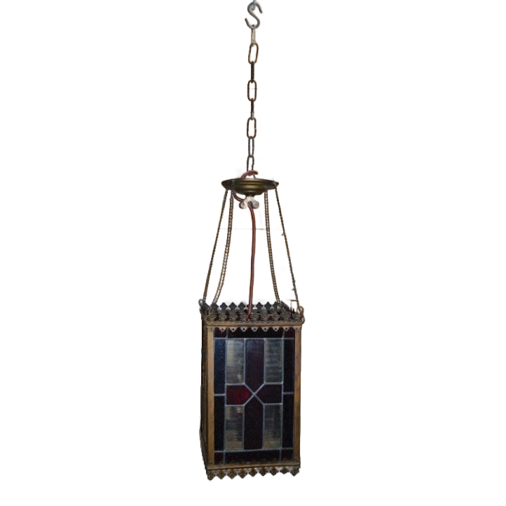 Antieke Hanglamp Koper Met Glas In Lood Opknapper image 1