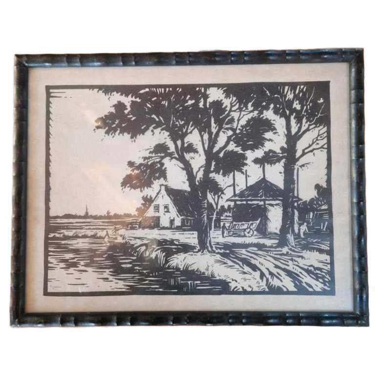 Linoleum Snede Boerderij Hollands Landschap. image 1