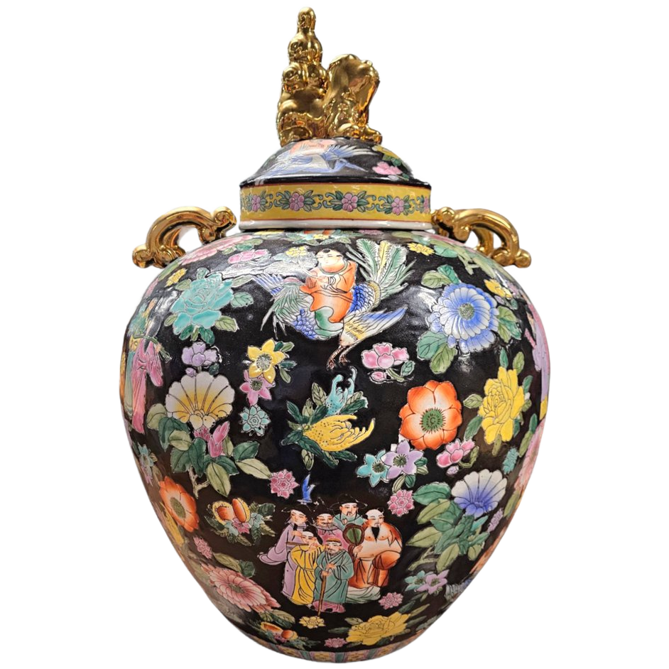 Large Famille Noir Chinese / Porcelain Ginger Jar / Hand Painted / Mille Fleur image 1