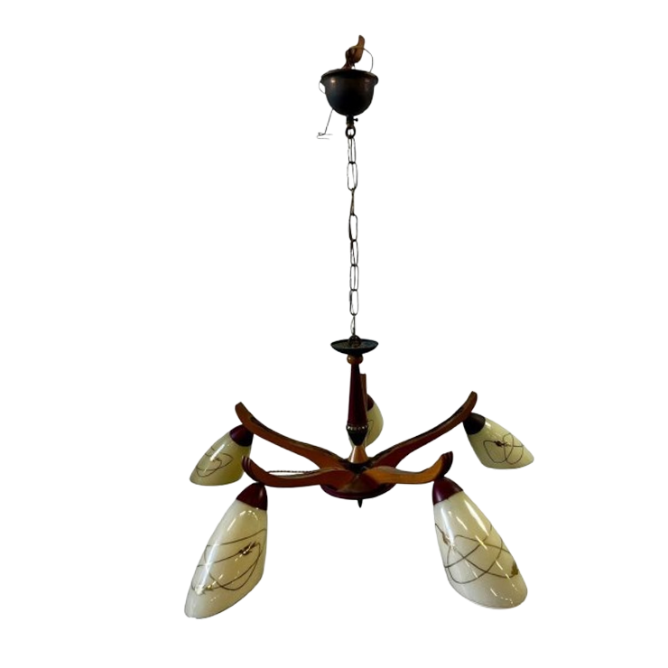 Vintage Rockabilly Luster / Hanglamp Met Hout / Opaline image 1