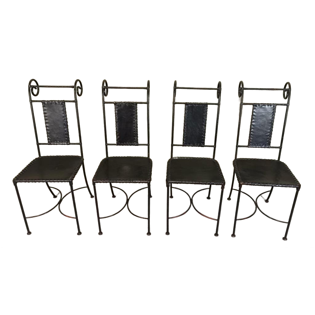 Set Van 4 Vintage Ijzer En Leer Stoelen, Zwart image 1