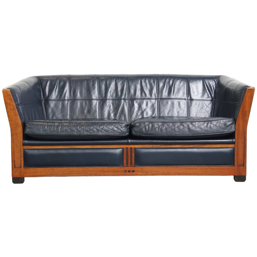 Luxe 2.5-zits Schuitema Art Deco Design Bank Met Mooi Houtwerk En Donkerblauw Rundleer image 1