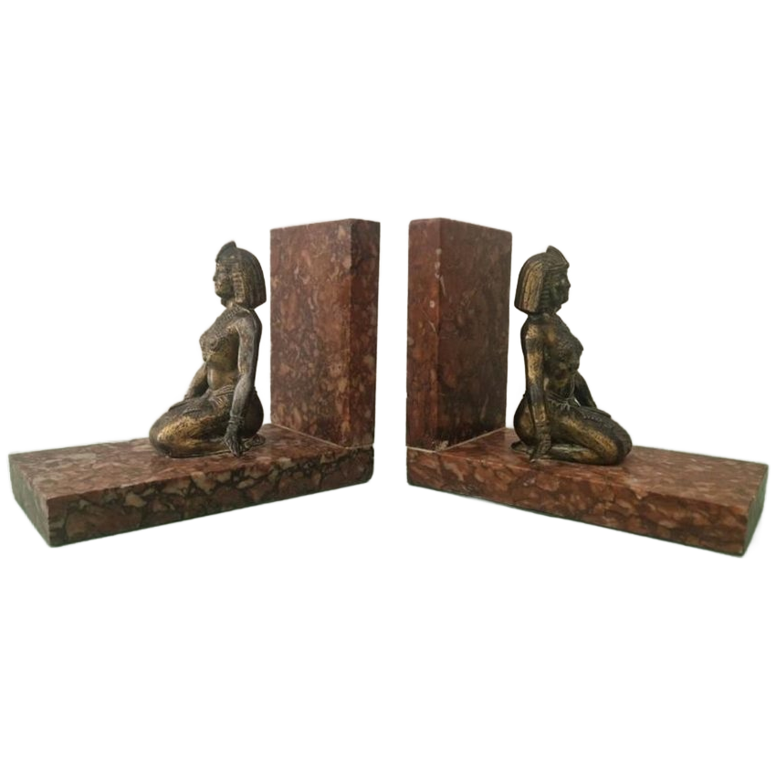 Art Deco Egyptian Revival Brons En Marmeren Boekensteunen image 1
