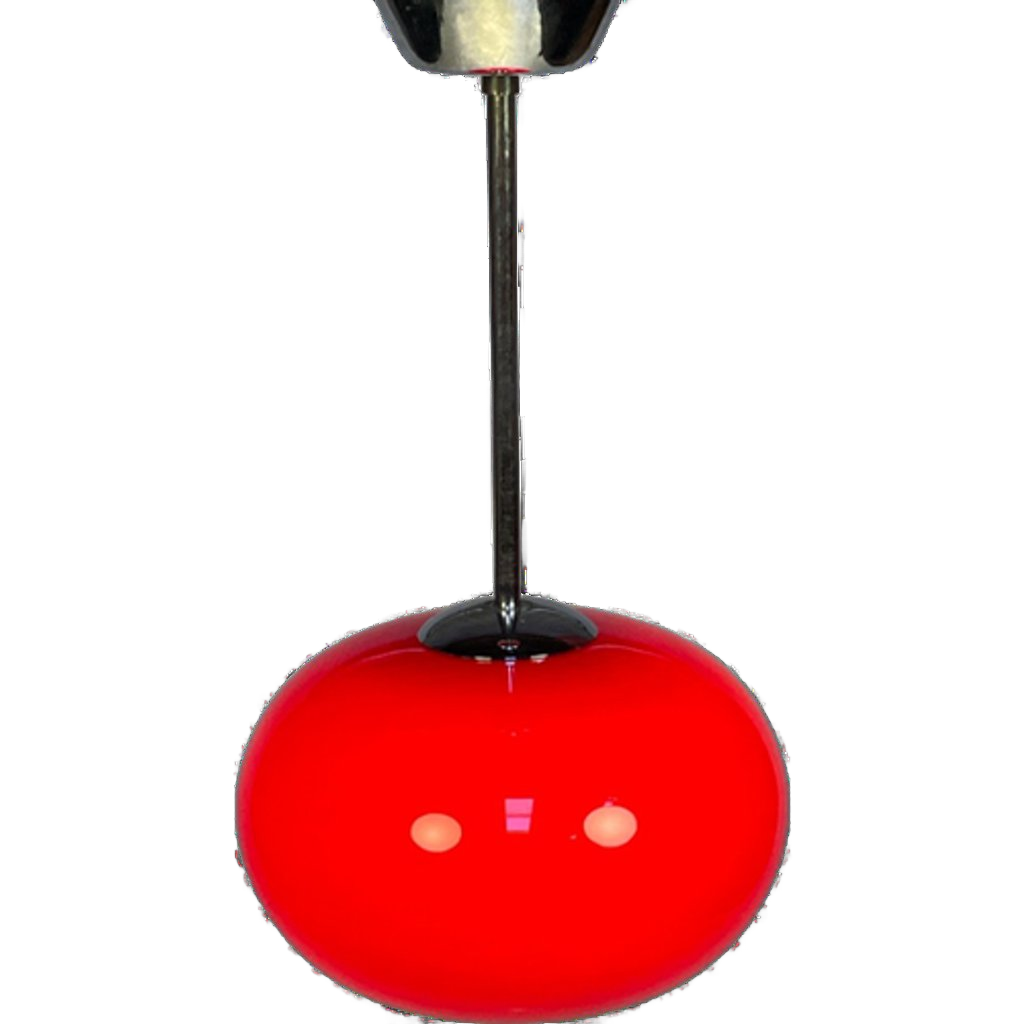 Glazen Rode Hanglamp Met Chromen Armatuur, 1980's image 1