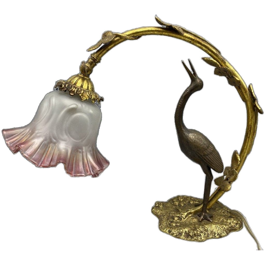 Antieke Art Nouveau Tafellamp – Kraanvogel & Bladerenboog image 1