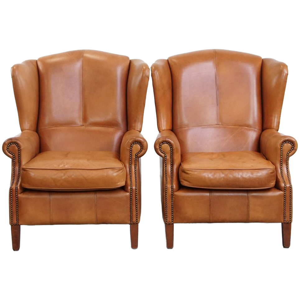 Klassieke En Unieke Set Van 2 Rundleren Oorfauteuils Afgewerkt Met Siernagels En Mooie Details image 1