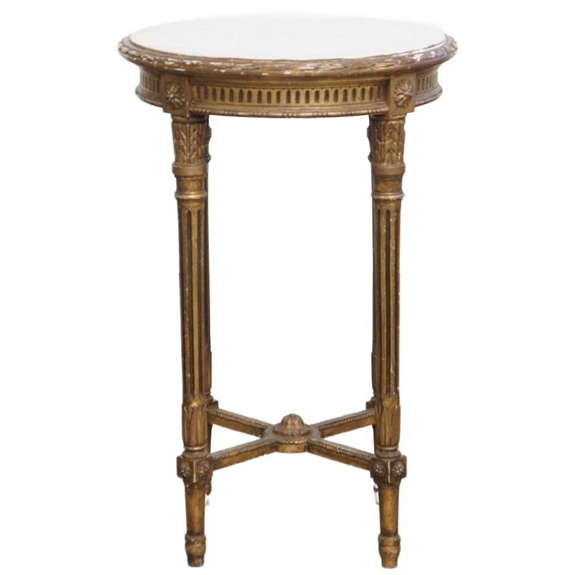 Antieke Franse Ronde Goudkleurige Brocante Bijzettafel Met Een Marmeren Blad image 1
