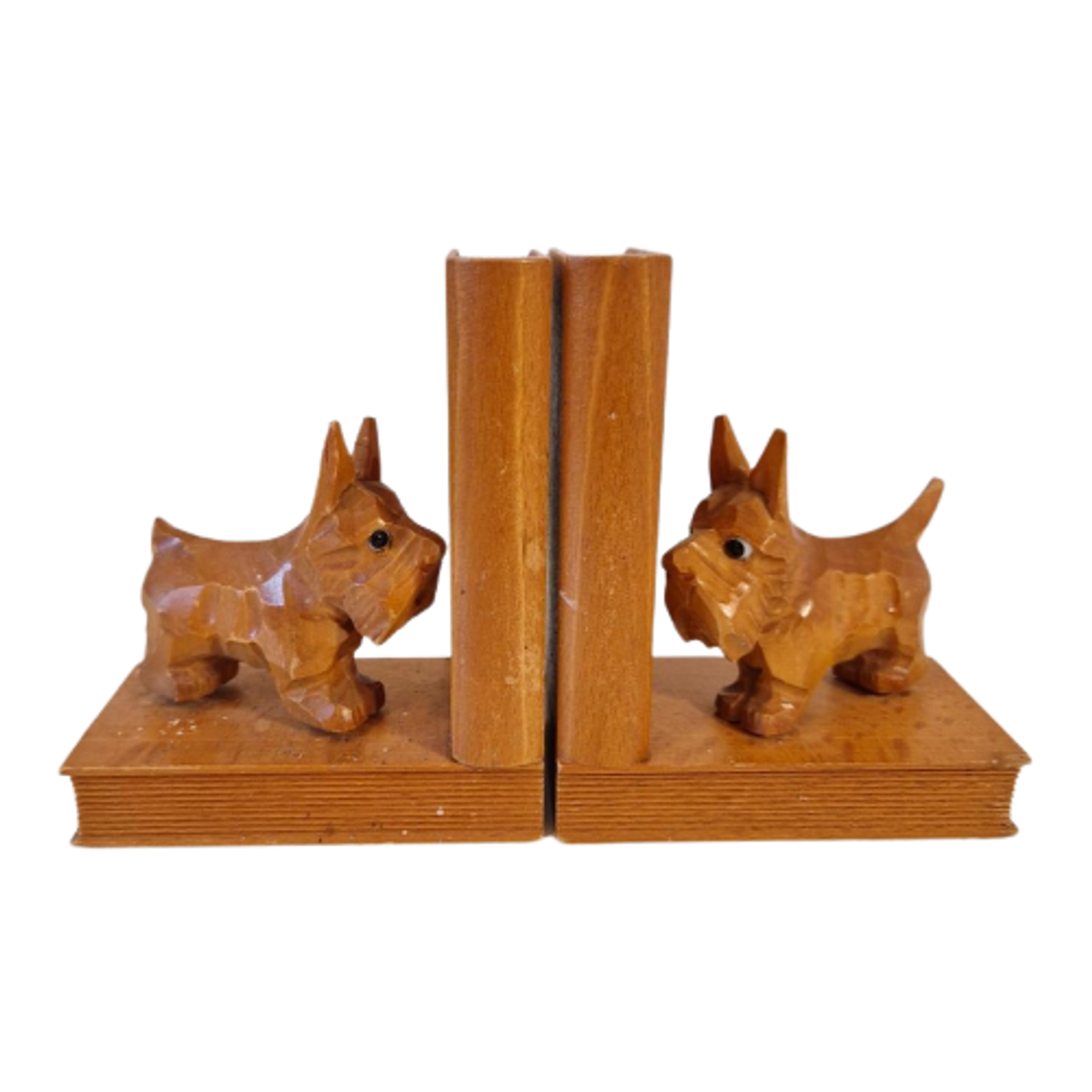 50's 2 Houten Boekensteunen Met Houtsnijwerk Hondjes Terrier image 1