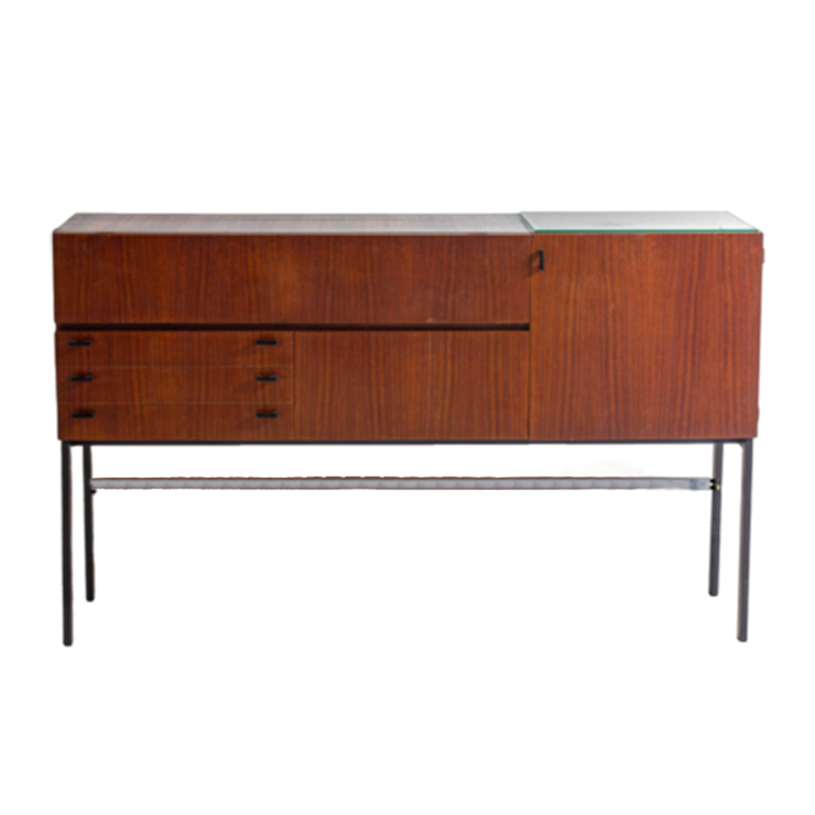 Zeldzame Mid-century Roger De Winter Cocktail Bar In Teak Met Bijhorende Krukken, 1960 image 1
