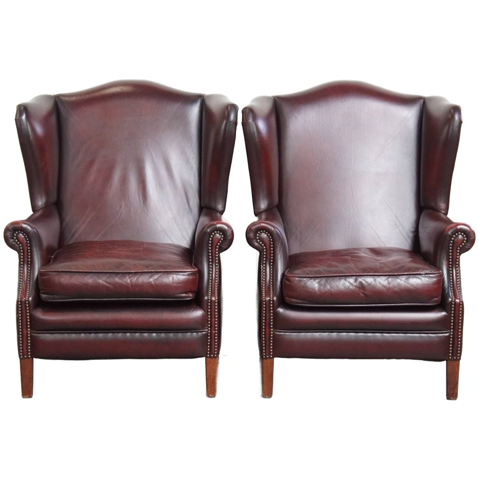 Set Van 2 Mooie En Comfortabele Bordeauxrode Rundleren Oorfauteuils In Engelse Stijl image 1