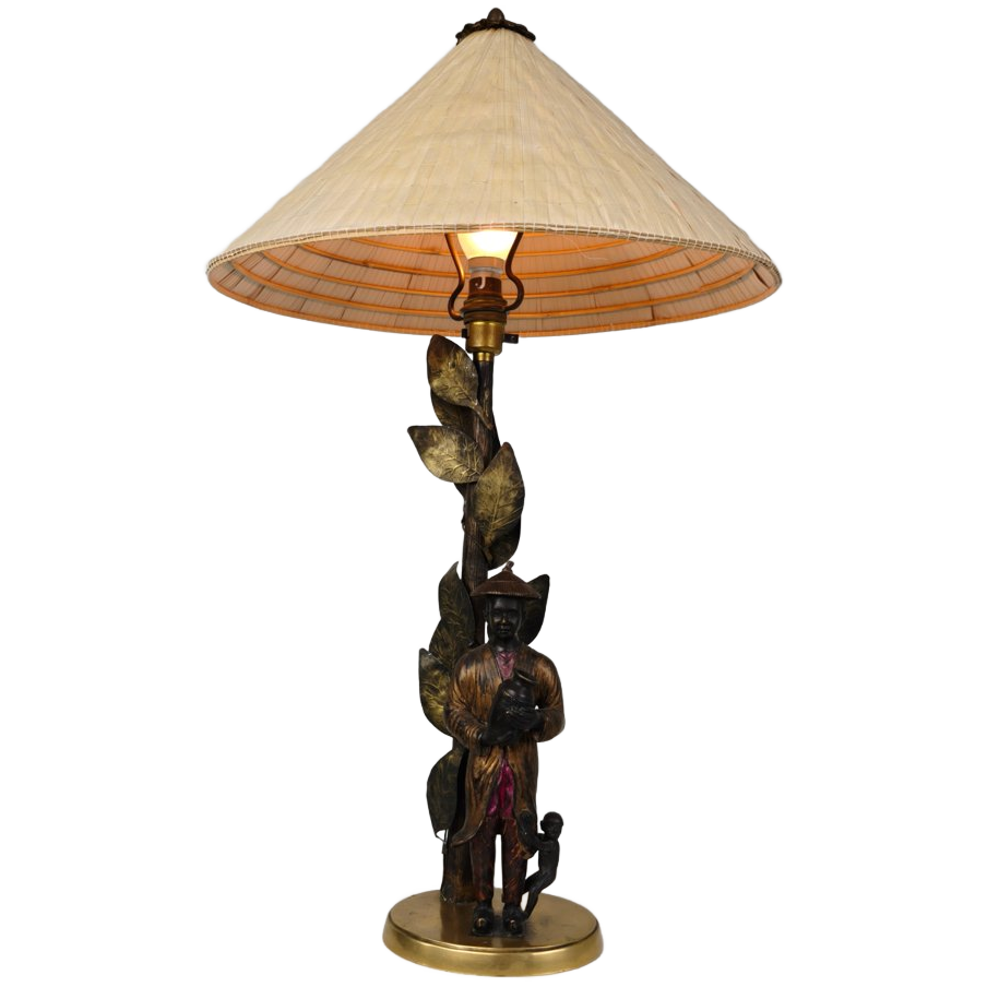Prachtige Chinoiserie Bronzen Tafellamp Met Jongen, Aap En Boom – Ca. 1940 image 1