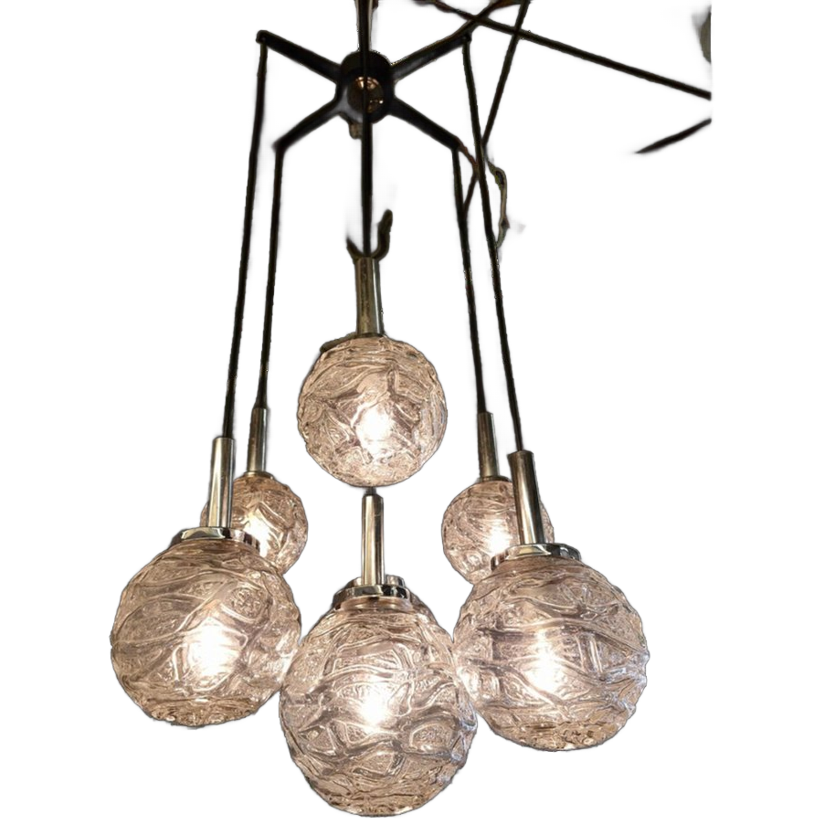 Vintage Kroonluchter 70s Chroom Met 7 Glazen Bollen image 1