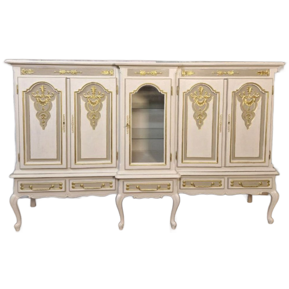 Handbeschilderde Queen Anne Vitrinekast/ Unieke Kast In Creme En Goud image 1