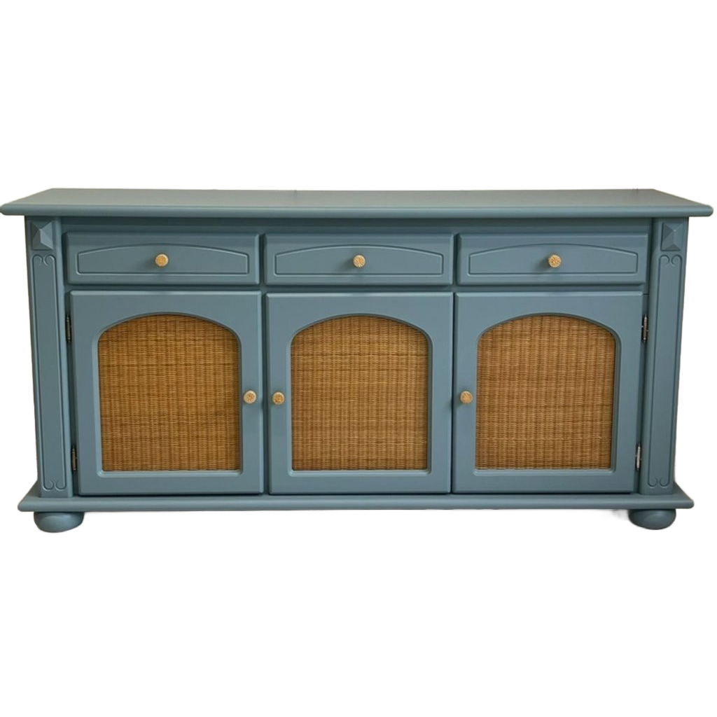 Prachtig Restyle Massief Dressoir Blauw & Rotan Wandkast image 1