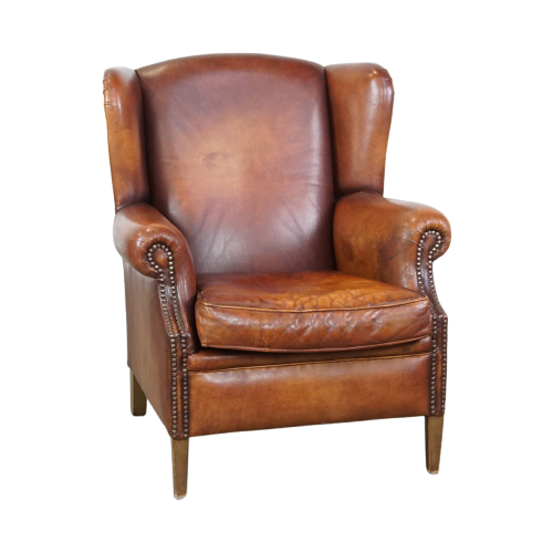 Comfortabele Vintage Engelse Stijl Schapenleren Oorfauteuil Met Een Prachtige Warme Kleurstelling image 1