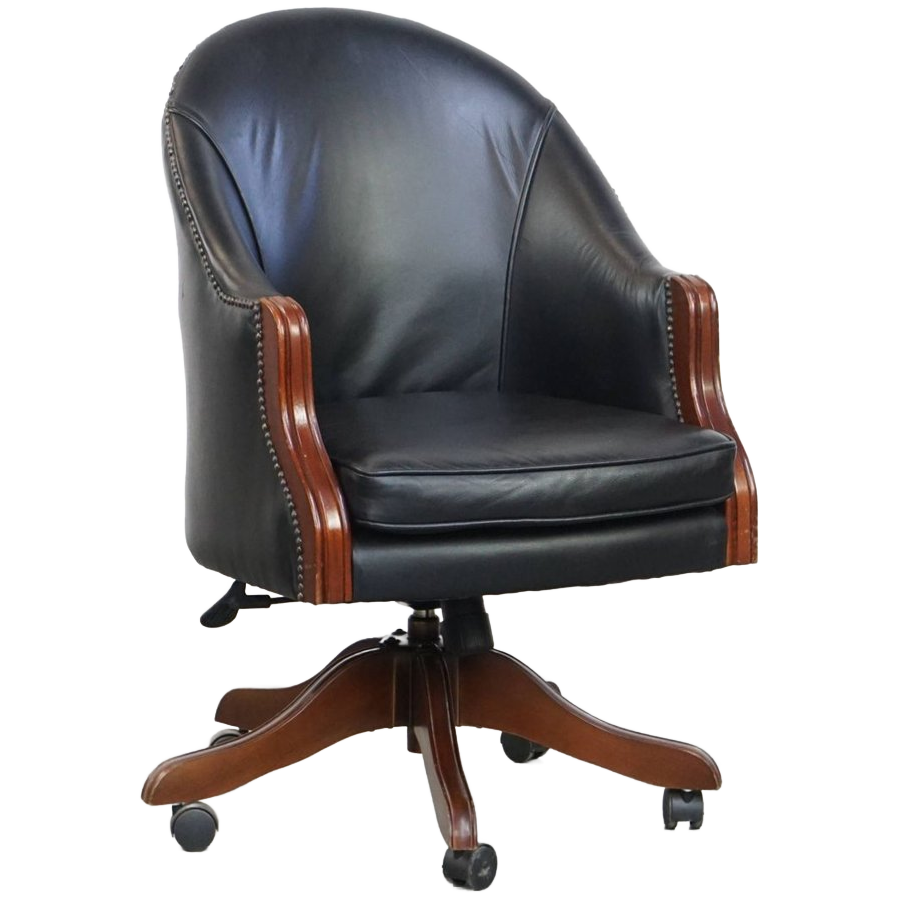 Klassieke En Luxe Zwarte Rundleren Bureaustoel In Engelse Stijl, Op Wieltjes image 1