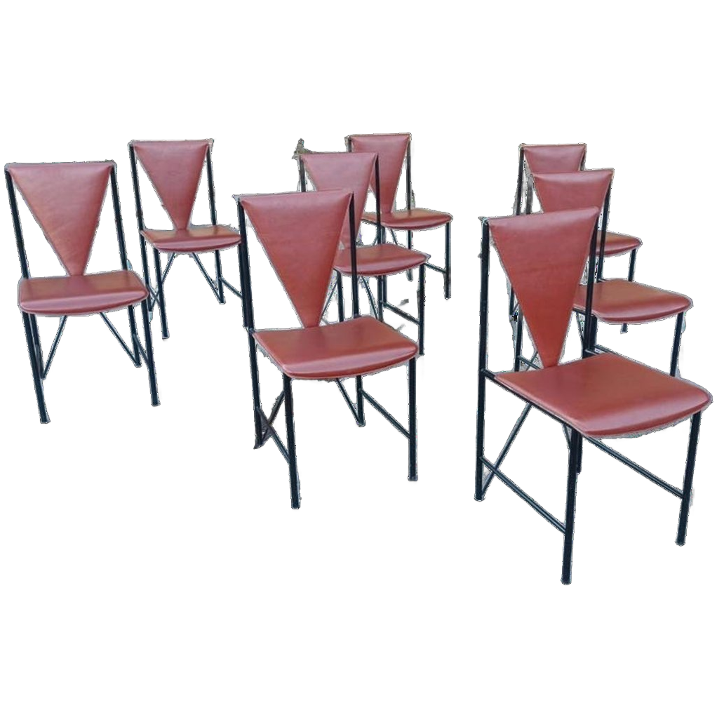 Set Van 8 Vintage Postmodern Leren Eetkamerstoelen image 1