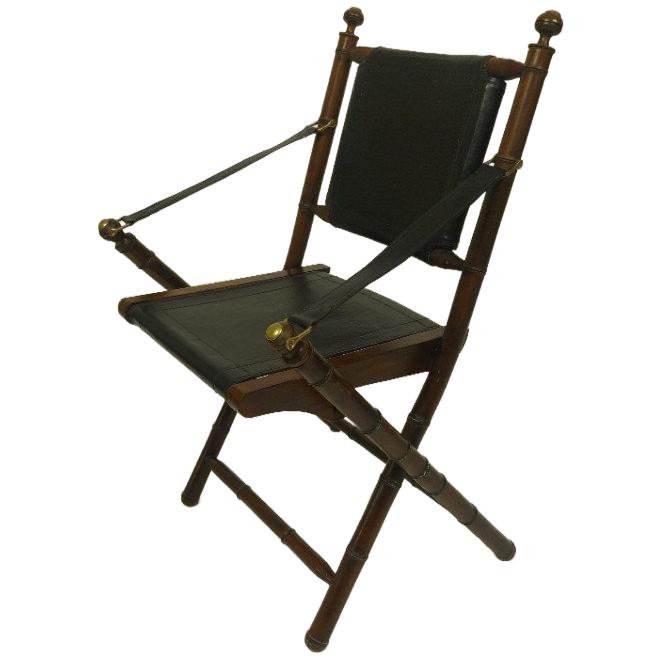 Opvouwbare Officiersstoel Van Leer En Teak In Koloniale Stijl image 1