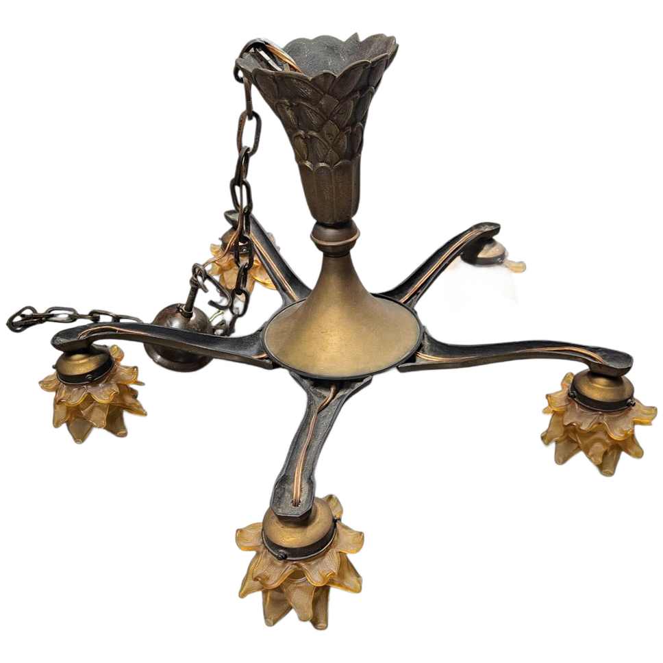 5 Arms Art Deco / Art Nouveau / Brass Hanging Lamp / Hand Blown Floral Shades image 1