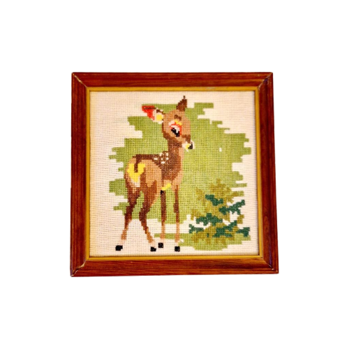 Vintage Schilderijtje Geborduurd Bambi Hertje image 1